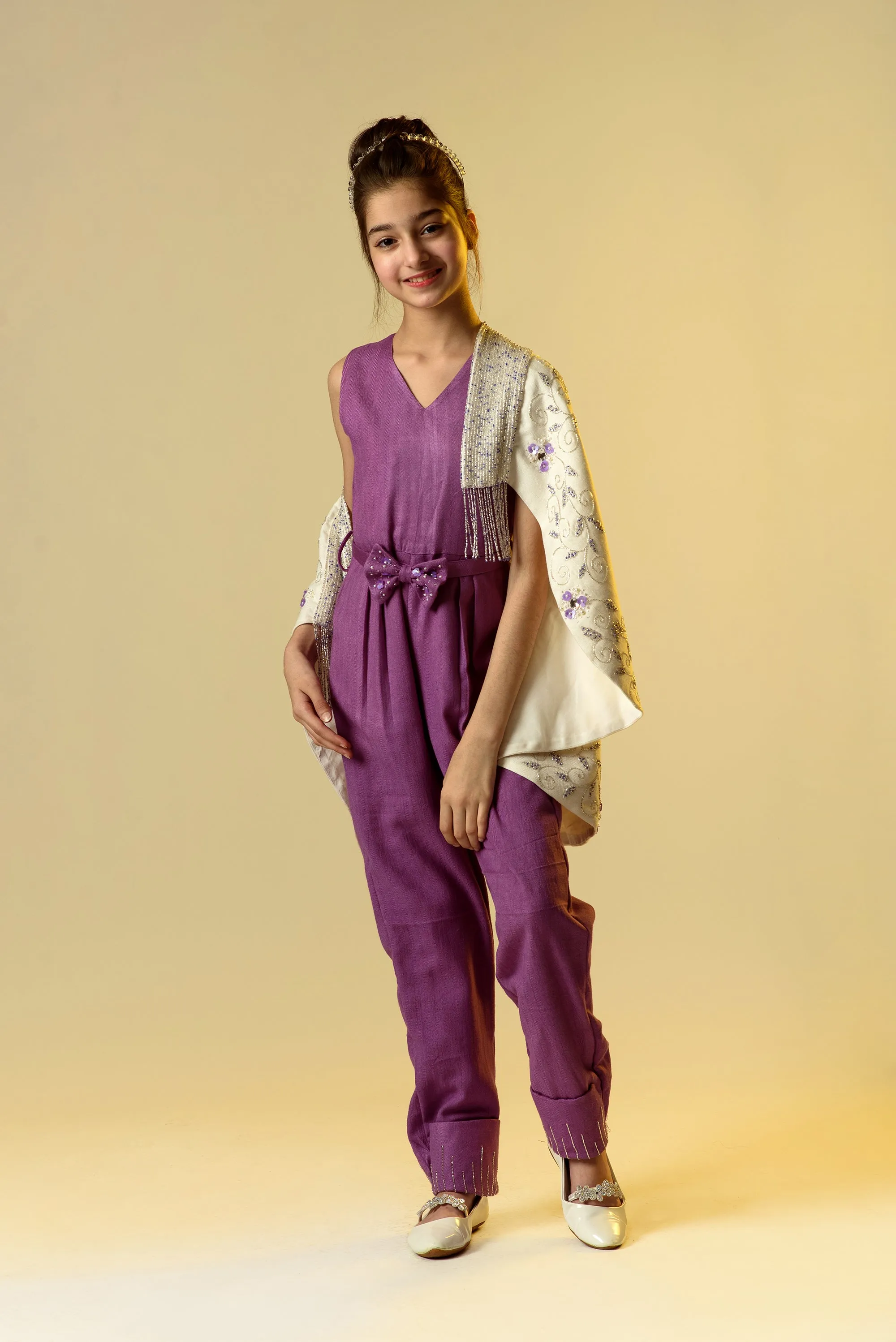 Moonbeam Glimmer- Organic Herringbone Jumpsuit With Embroidered Cape Shawl & Bow Belt For Girls