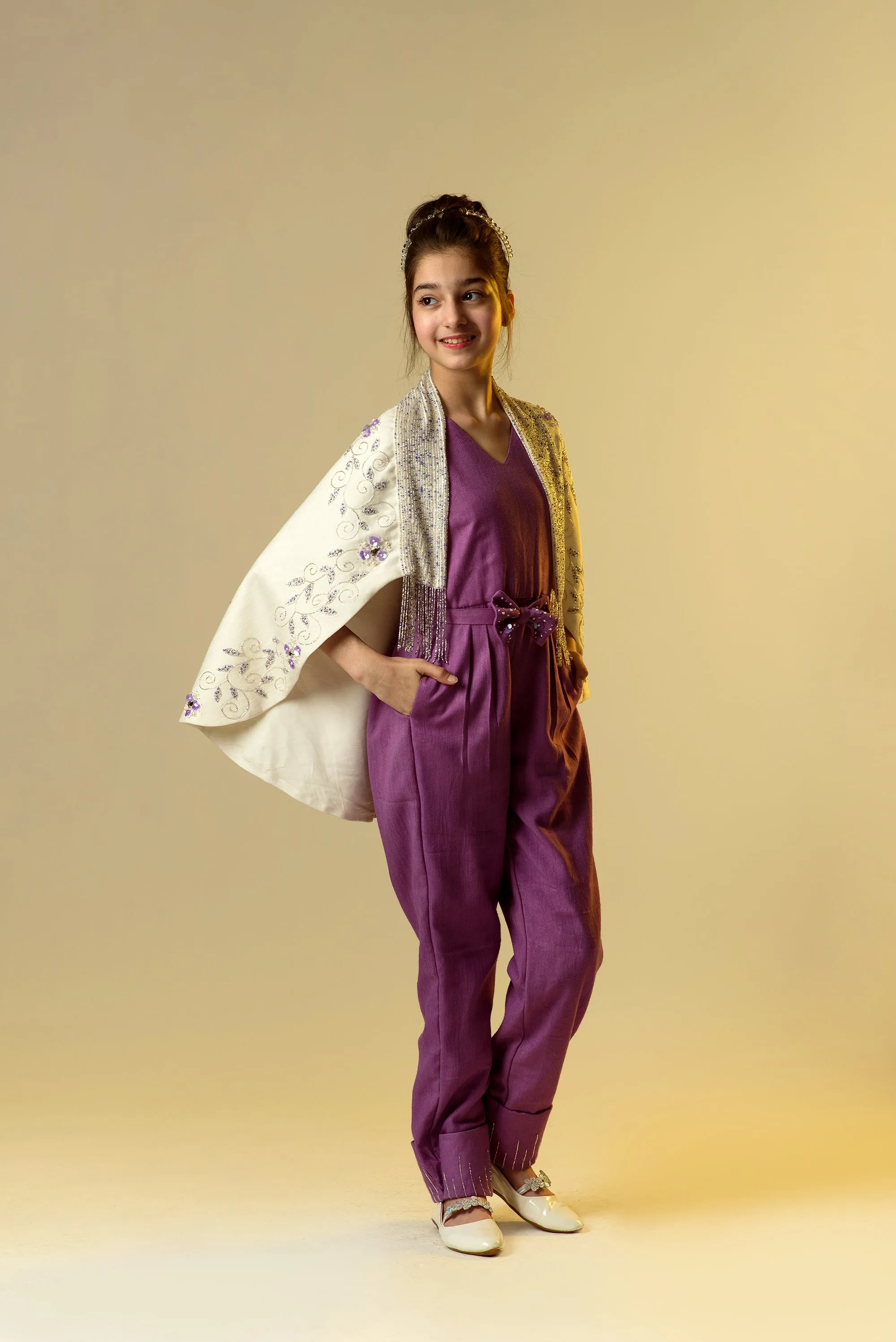 Moonbeam Glimmer- Organic Herringbone Jumpsuit With Embroidered Cape Shawl & Bow Belt For Girls