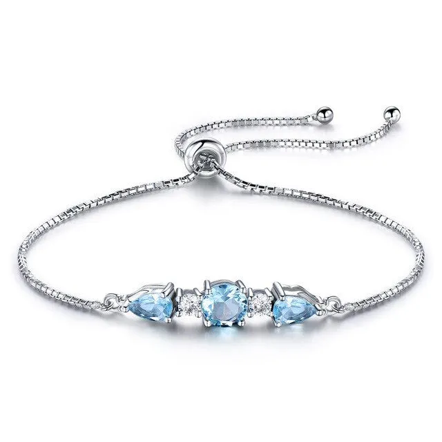 Natural Sky Blue Topaz and Cubic Zirconia 925 Sterling Silver Adjustable Tennis Bracelet