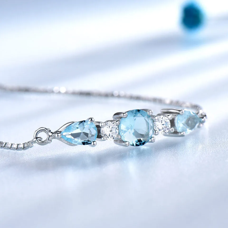 Natural Sky Blue Topaz and Cubic Zirconia 925 Sterling Silver Adjustable Tennis Bracelet