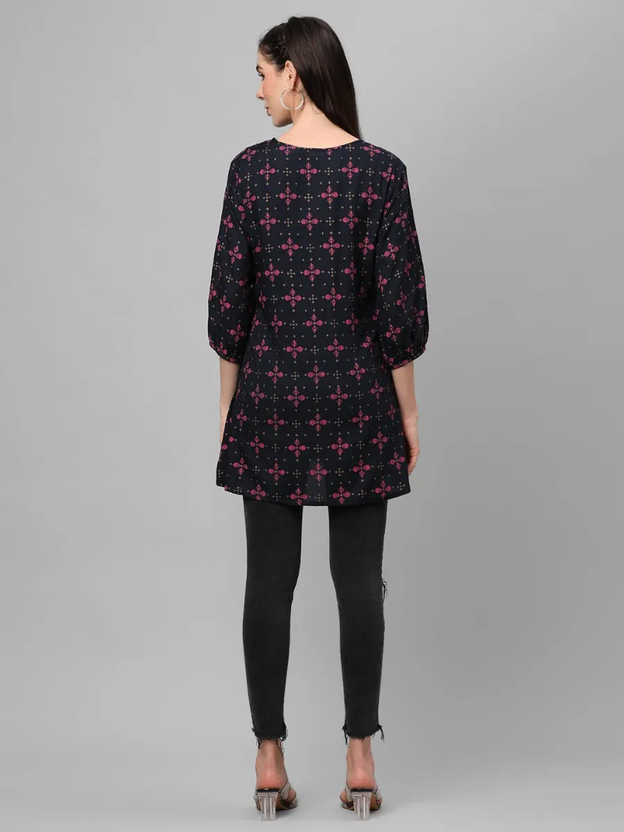 Navy Blue Ornamental Printed Tunic