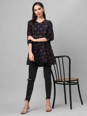 Navy Blue Ornamental Printed Tunic