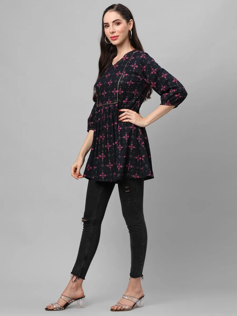 Navy Blue Ornamental Printed Tunic