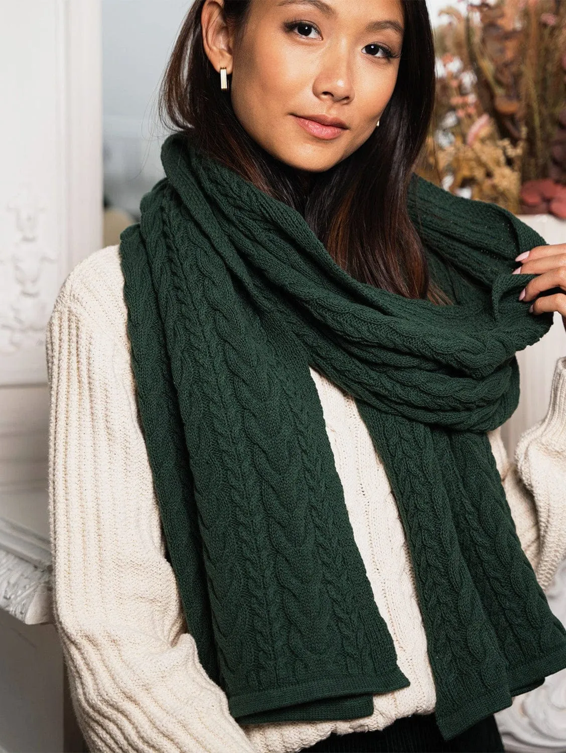 Nebula Recycled Cotton Cable Knit Vegan Scarf | Forest Green