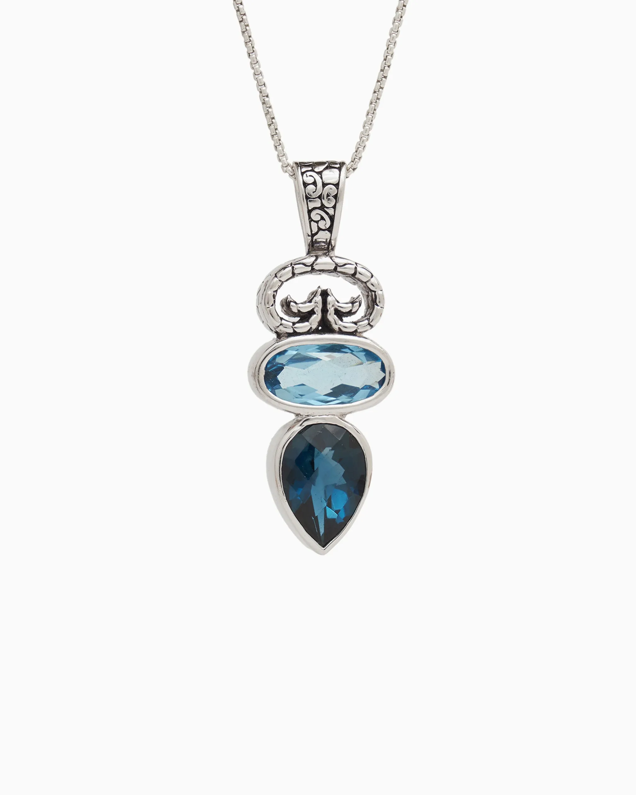 North Shore Double Stone Pendant with Petroglyph - Hampton Blue Topaz/London Blue Topaz