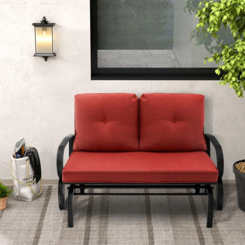 Patio 2-Person Glider Bench Rocking Loveseat with Cushioned Armrest-Red