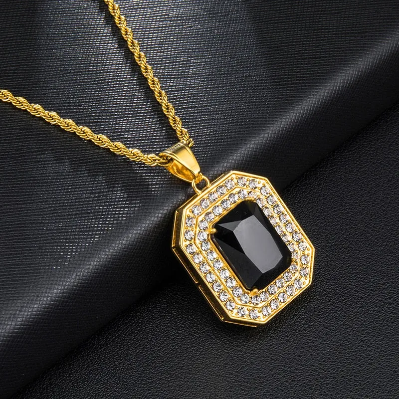 Paved Rhinestone-Studded Radiant Cut Black Stone Bling Stainless Steel Hip-hop Pendant Necklace