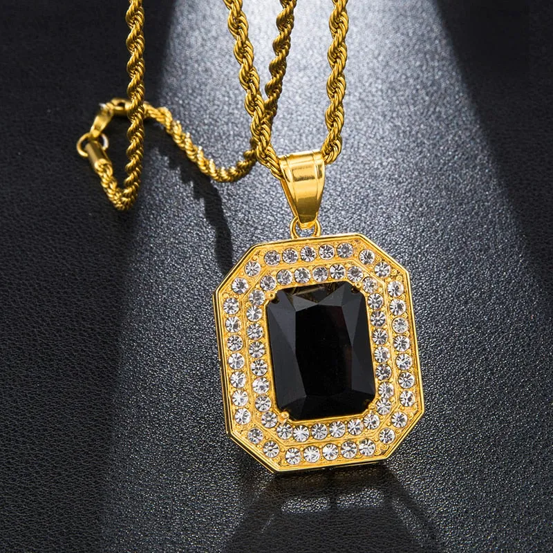 Paved Rhinestone-Studded Radiant Cut Black Stone Bling Stainless Steel Hip-hop Pendant Necklace