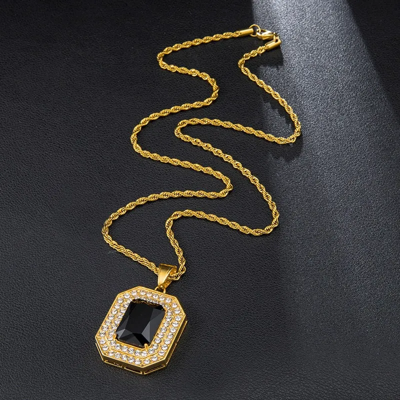 Paved Rhinestone-Studded Radiant Cut Black Stone Bling Stainless Steel Hip-hop Pendant Necklace