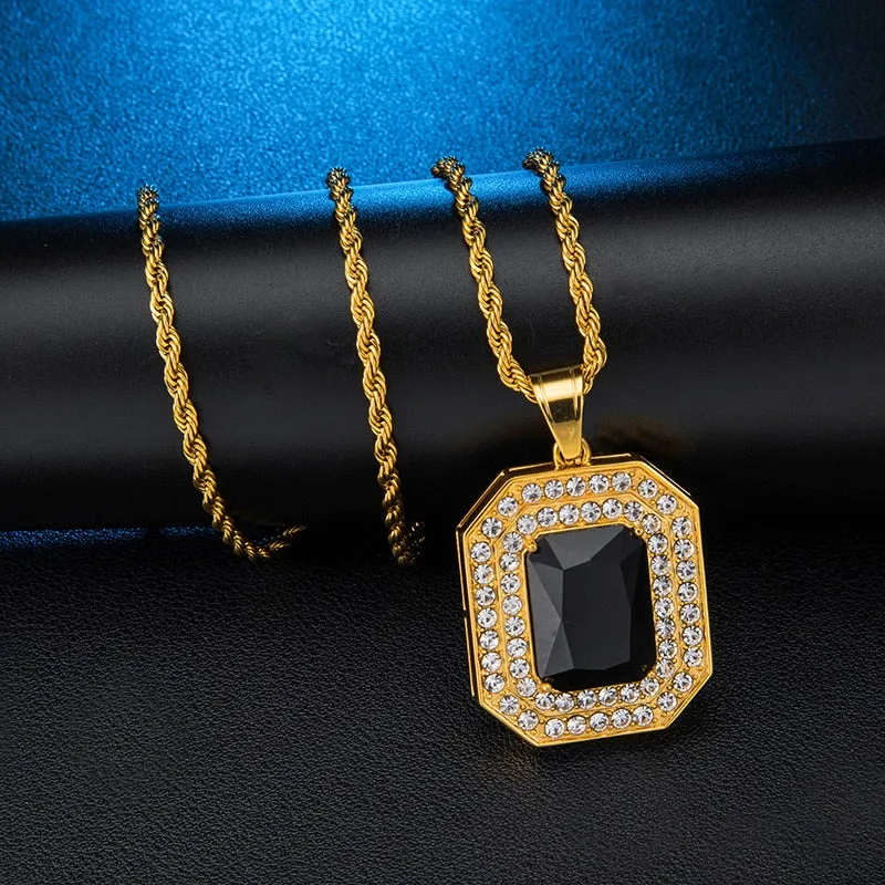 Paved Rhinestone-Studded Radiant Cut Black Stone Bling Stainless Steel Hip-hop Pendant Necklace