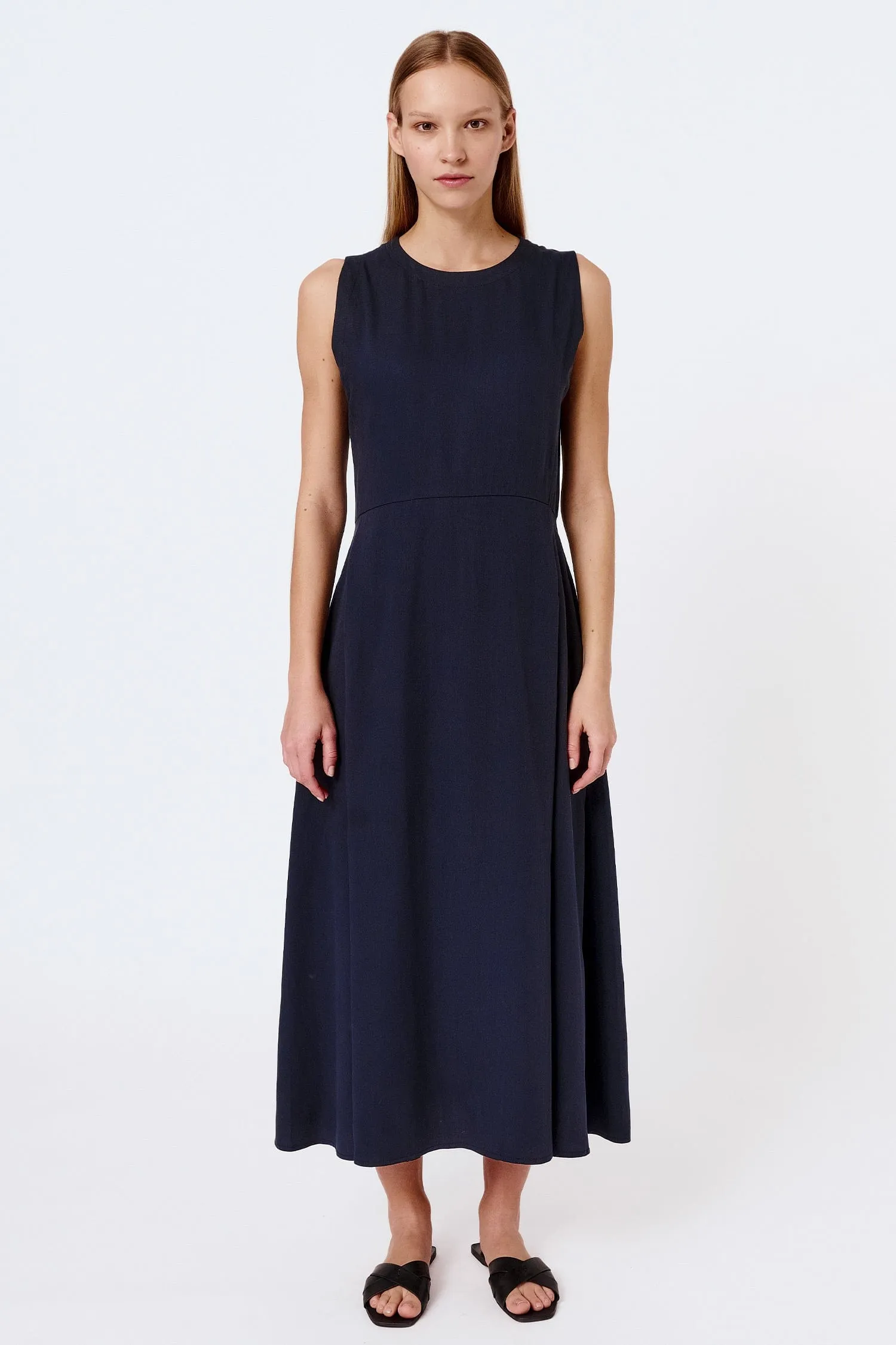 Pleat TENCEL Organic Cotton Dress | Dark Blue