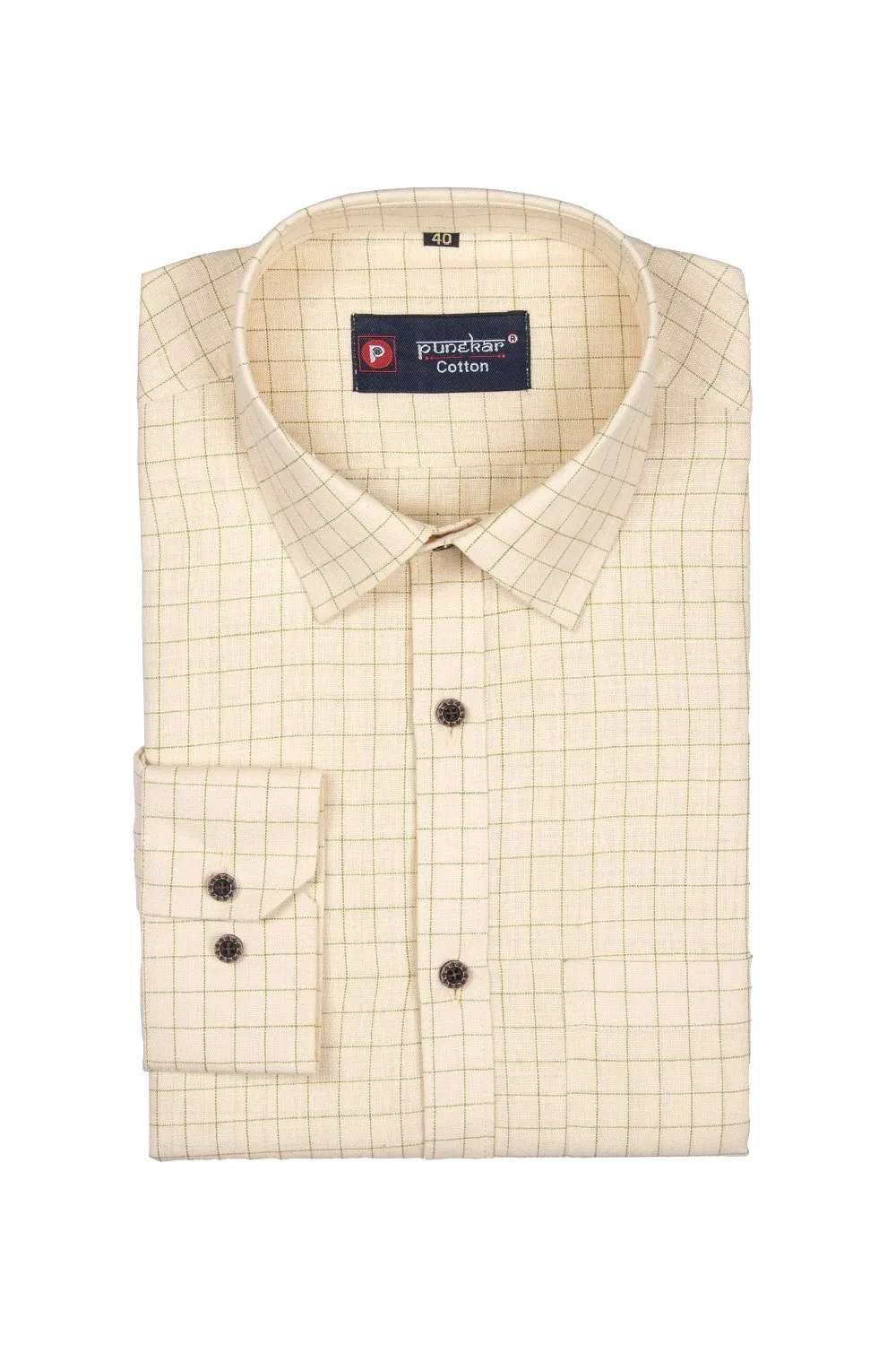 Punekar Cotton Cream Color Check Criss Cross Woven Cotton Shirt for Men's.