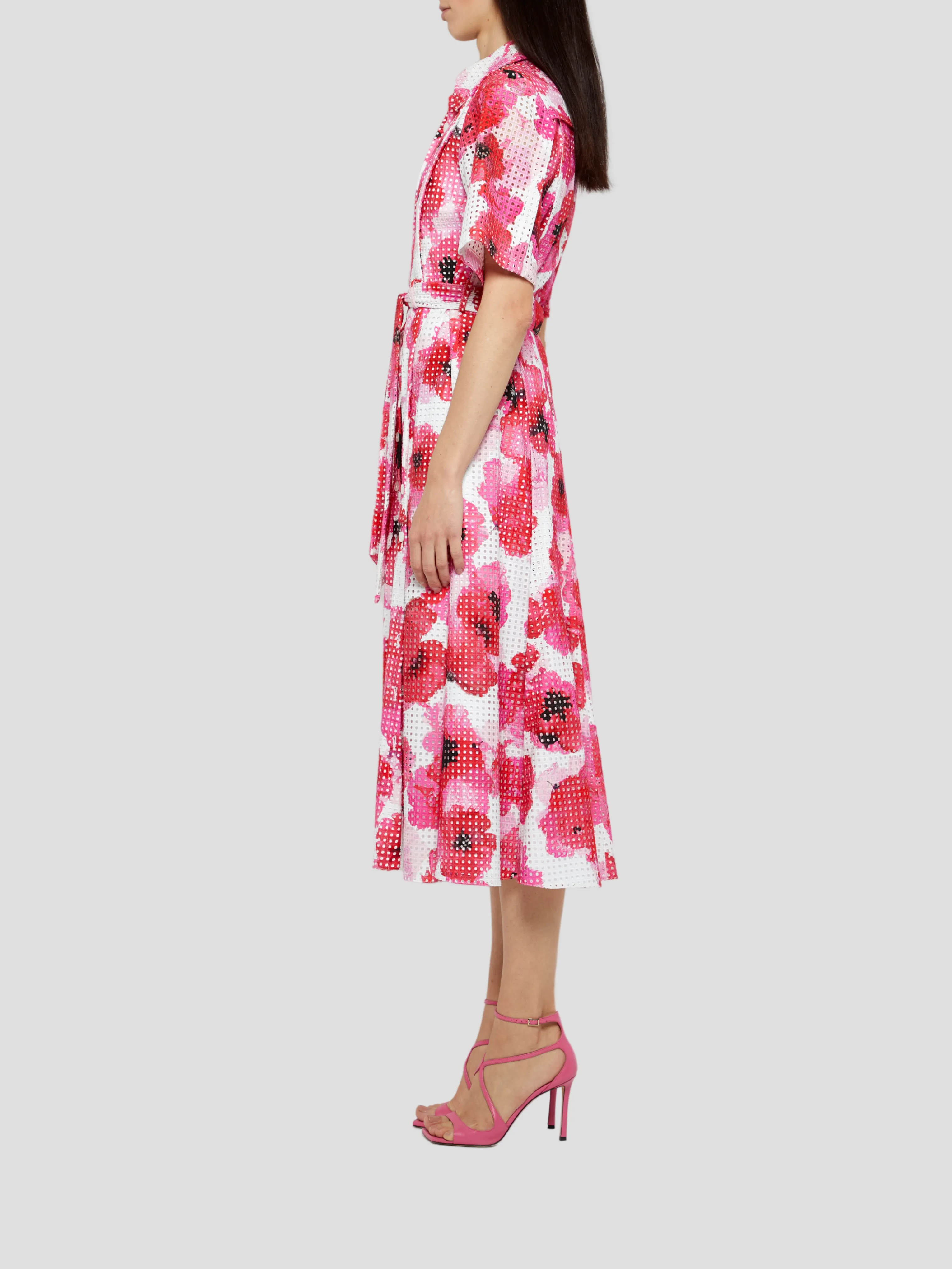 Red and White Floral Short Sleeve Shirt Dress