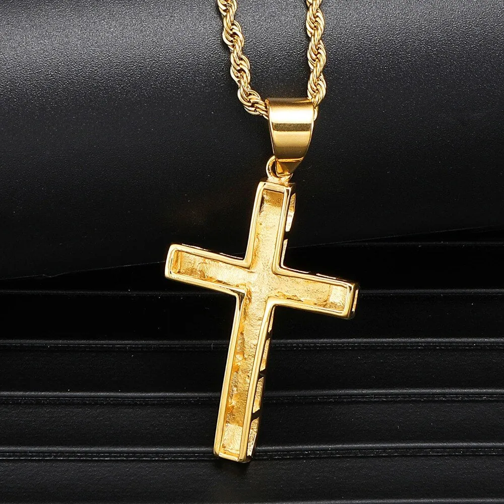 Rhinestone-Studded Cross Bling Stainless Steel Hip-hop Pendant Necklace