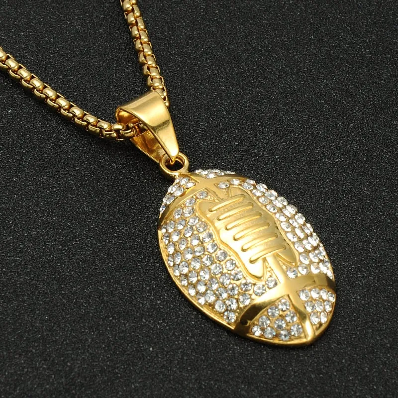 Rhinestone-Studded Gold-Plated Rugby Football Bling Stainless Steel Hip-hop Pendant Necklace