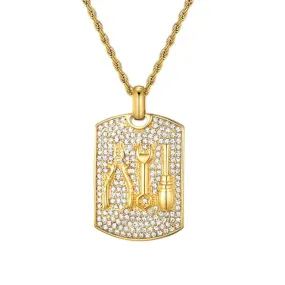 Rhinestone-Studded Mechanical Tools Bling 316L Stainless Steel Hip-hop Pendant Necklace