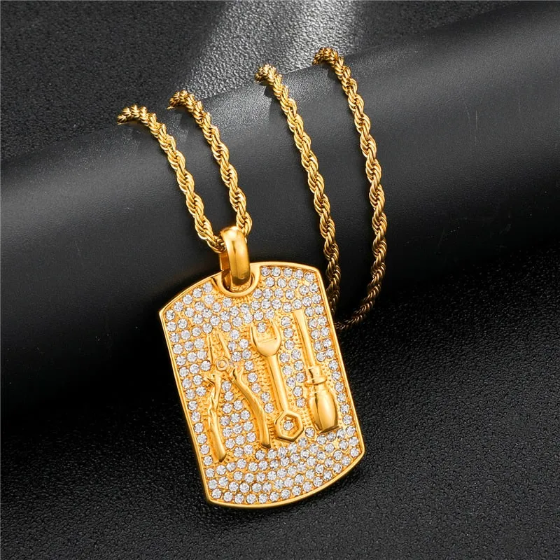 Rhinestone-Studded Mechanical Tools Bling 316L Stainless Steel Hip-hop Pendant Necklace