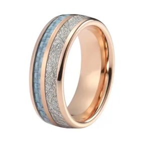 Rose Gold Tungsten Carbide with Blue and Silver Meteorite Inlay Wedding Band