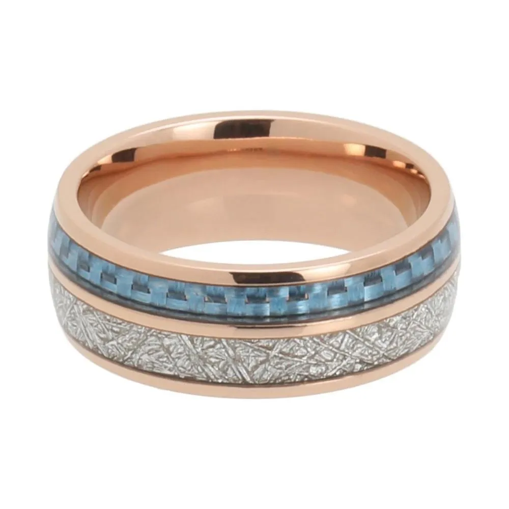 Rose Gold Tungsten Carbide with Blue and Silver Meteorite Inlay Wedding Band