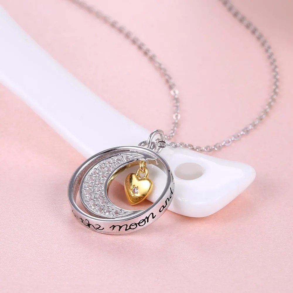 Silver Moon Cubic Zirconia and Golden Heart 925 Sterling Silver Pendant Necklace