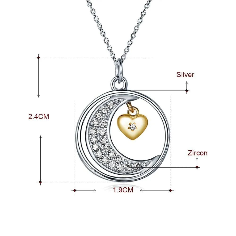 Silver Moon Cubic Zirconia and Golden Heart 925 Sterling Silver Pendant Necklace