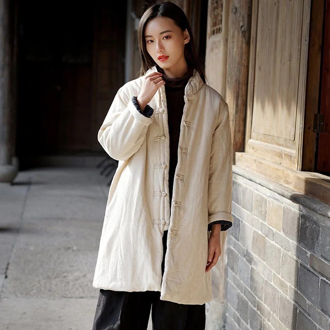 Stand Collar Cotton Linen Solid Coat