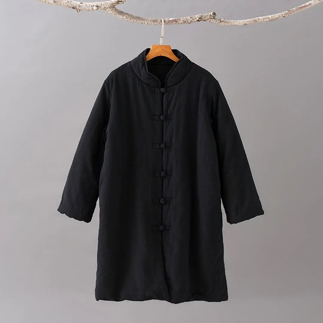 Stand Collar Cotton Linen Solid Coat