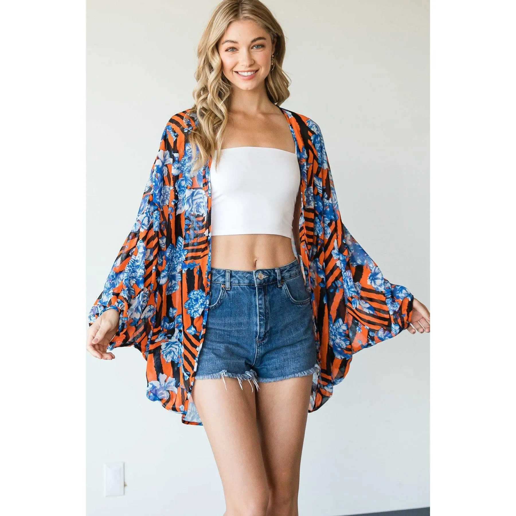 Stripes And Floral Print Lightweight Kimono