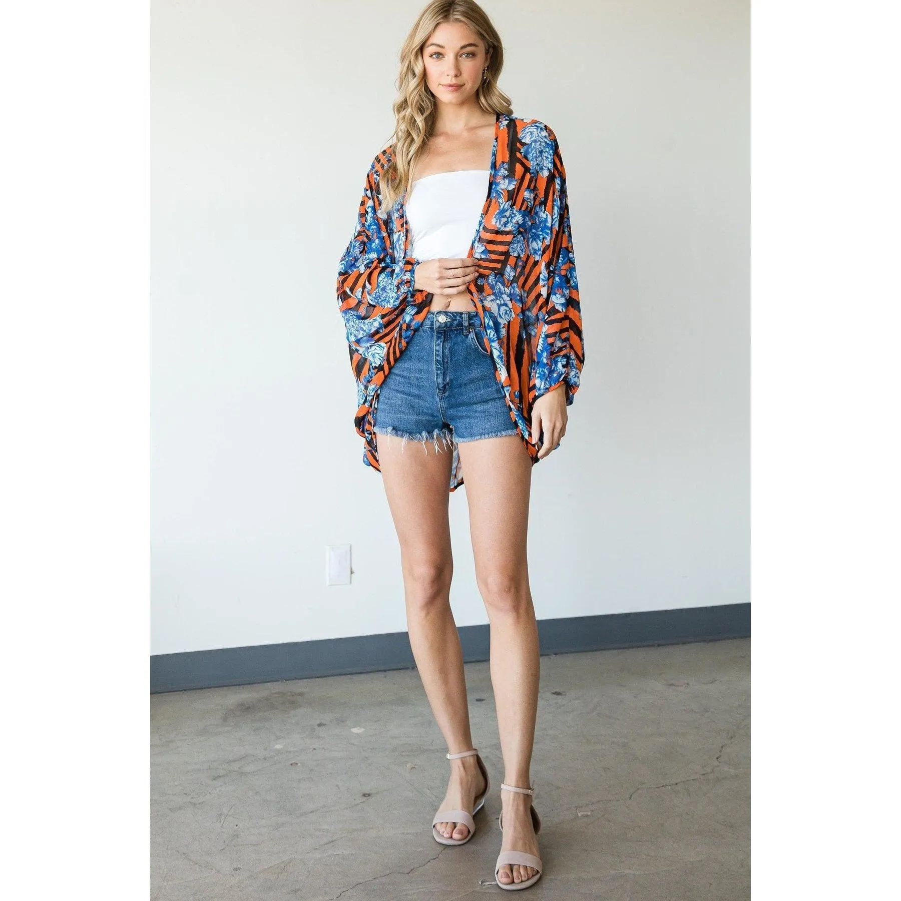 Stripes And Floral Print Lightweight Kimono