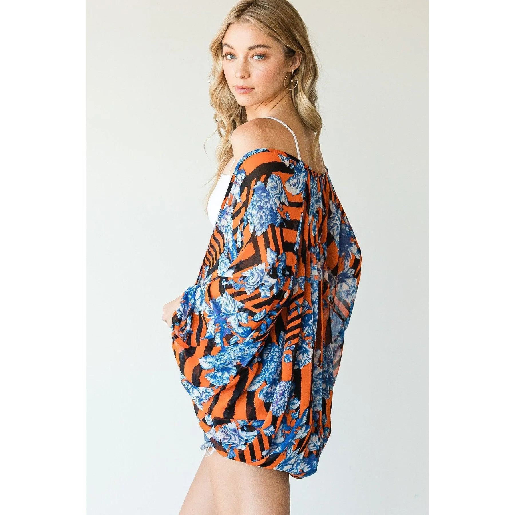 Stripes And Floral Print Lightweight Kimono