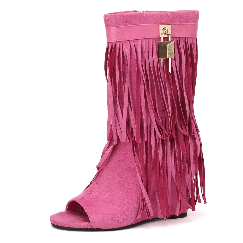 Summer Cowgirl Boots Tassle Peep Toe Summer Boots For Women Lock Decor Zipper Wedges Fringe