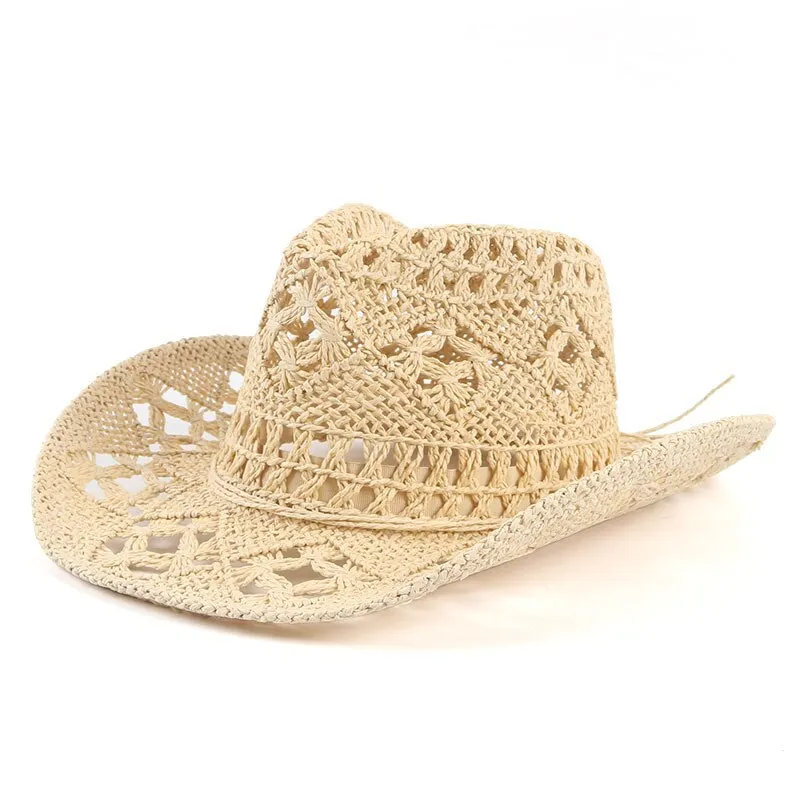 Summer Handmade Cowboy Straw Hat Women Men Summer Outdoor Travel Beach Sun Hats Unisex Solid Western Sunshade Cap