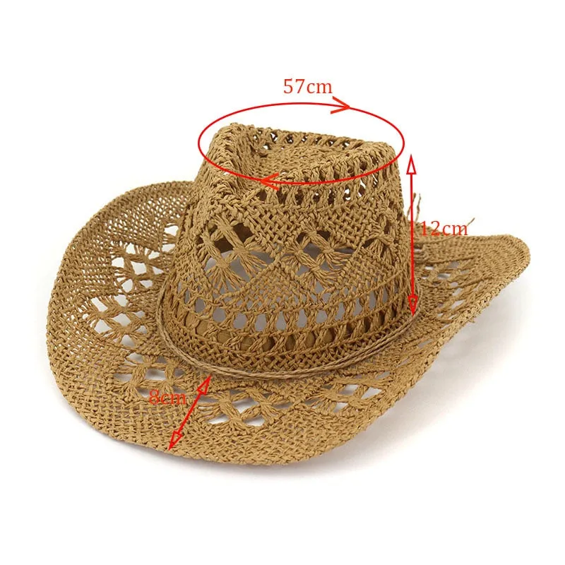 Summer Handmade Cowboy Straw Hat Women Men Summer Outdoor Travel Beach Sun Hats Unisex Solid Western Sunshade Cap