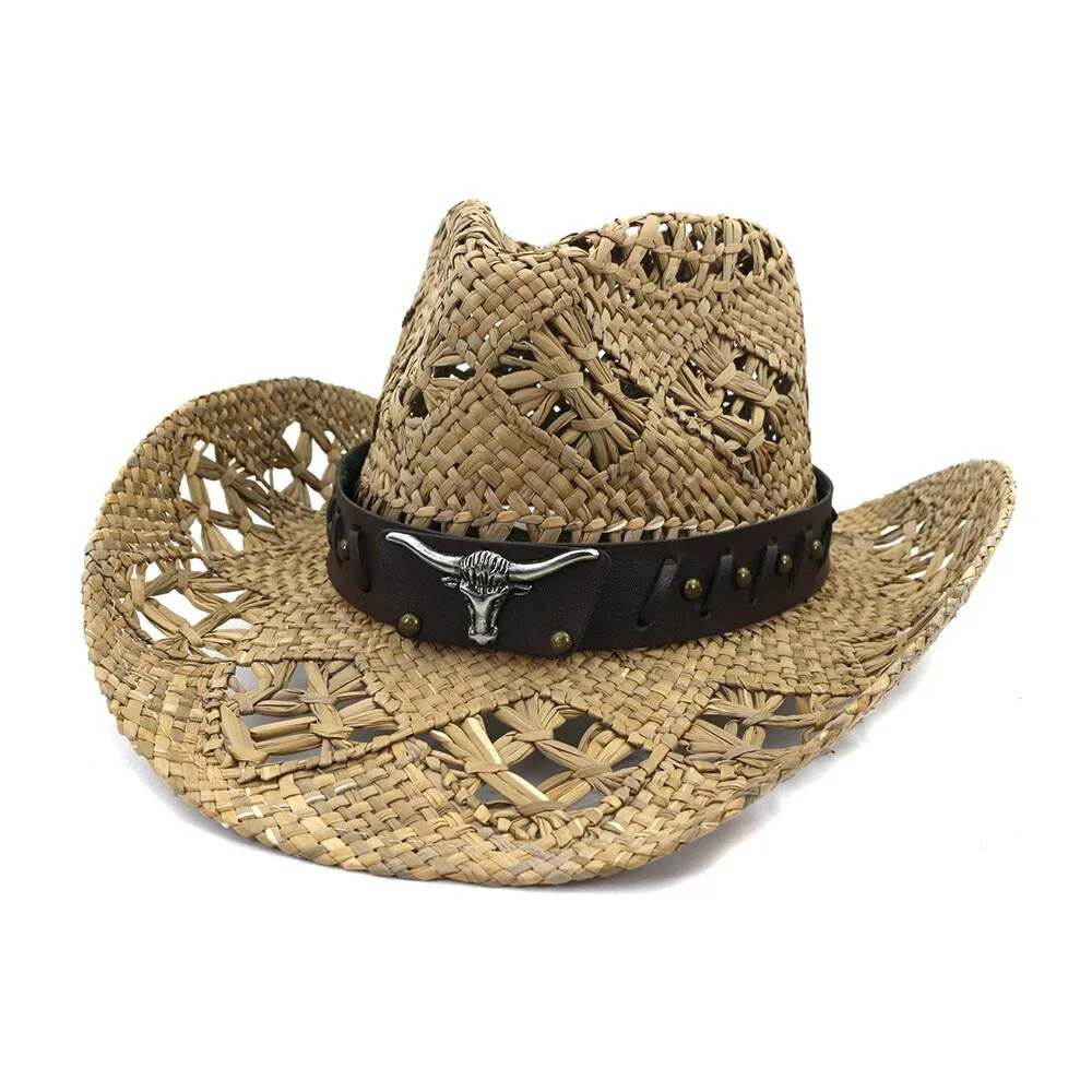 Summer Outdoor Sun Protection Cowboy Straw Hat for Men Women Wide Brim Beach Cap Natural Salt Grass Handmade Crochet Sunhat