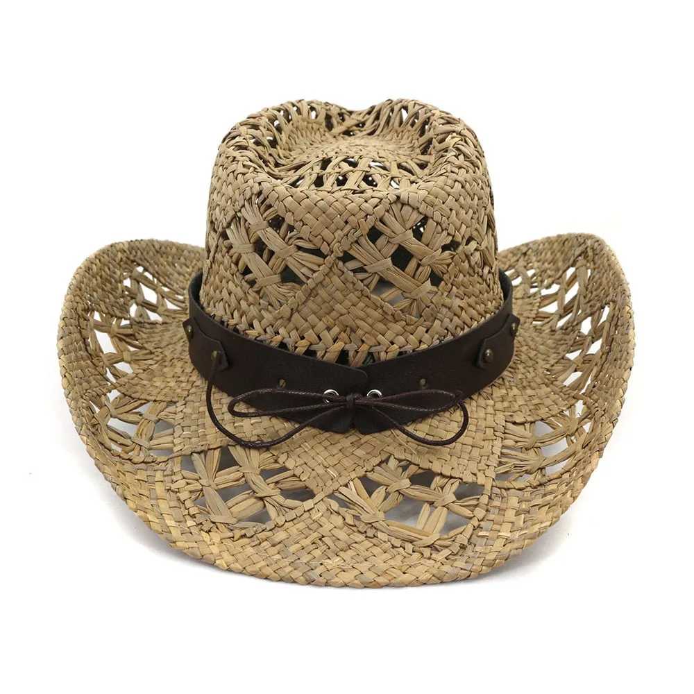 Summer Outdoor Sun Protection Cowboy Straw Hat for Men Women Wide Brim Beach Cap Natural Salt Grass Handmade Crochet Sunhat