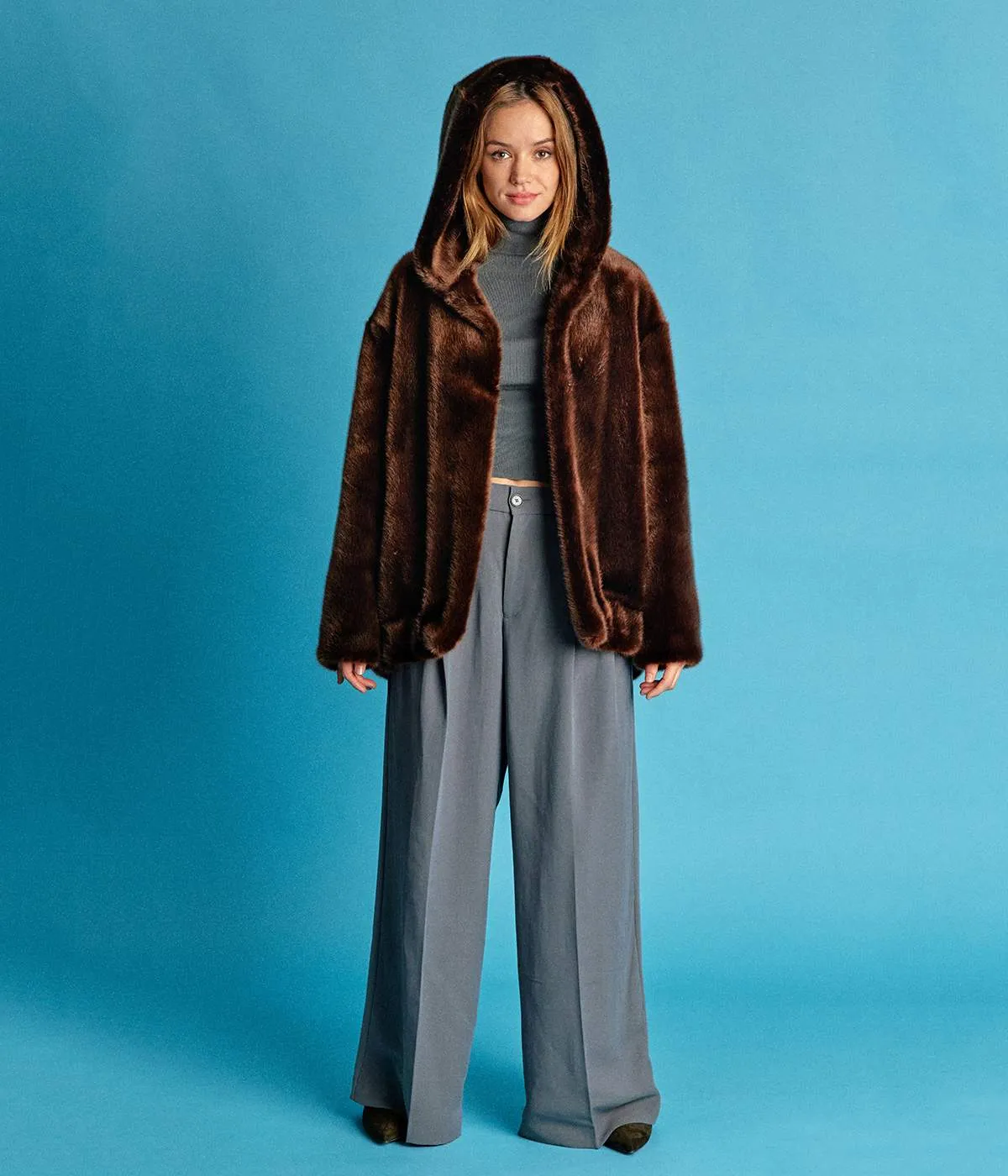 Tabatha Vegan Fur Short Hooded Coat | Chocolate