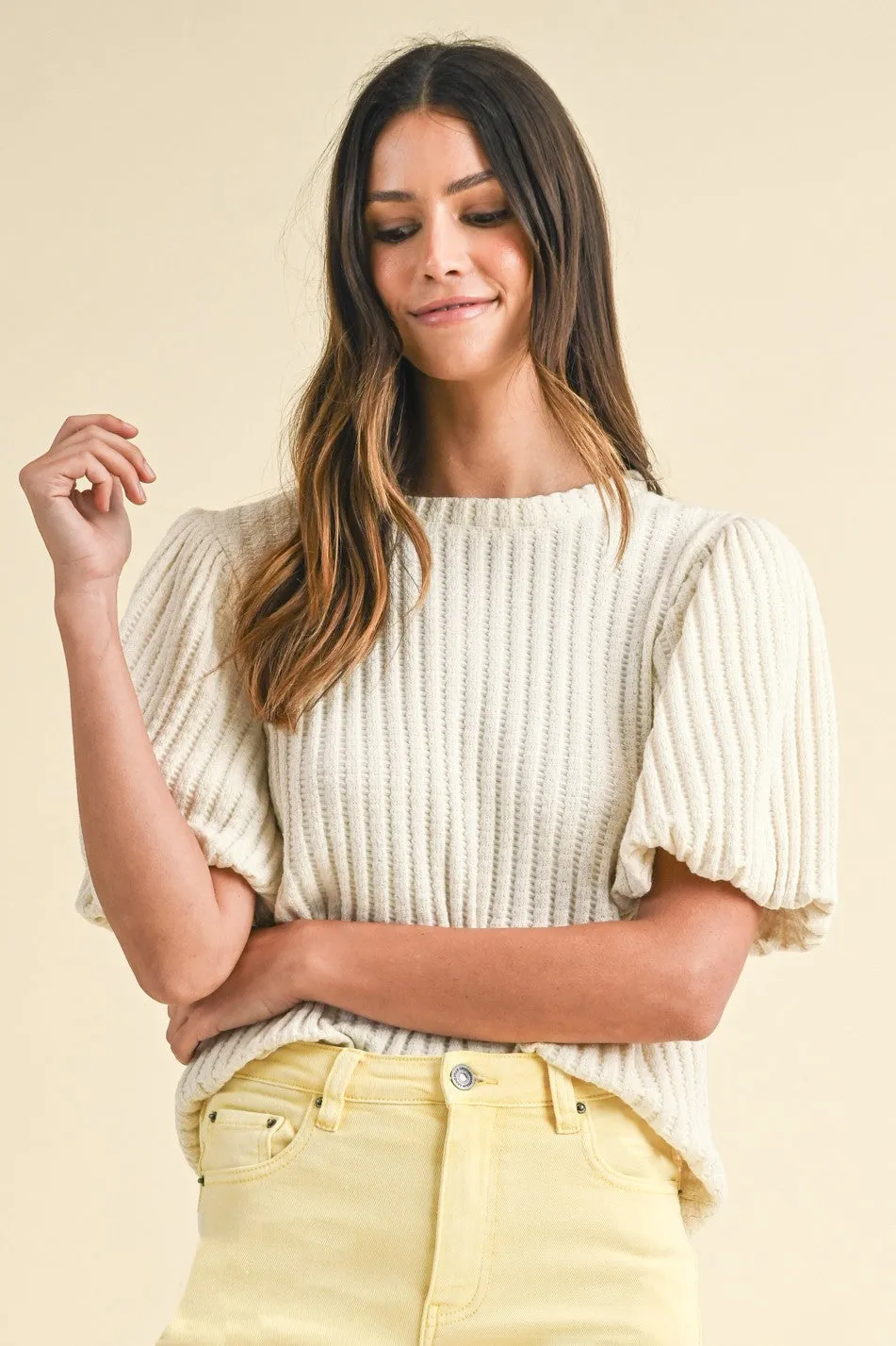 Tanya Textured Puff Sleeve Top in Cream