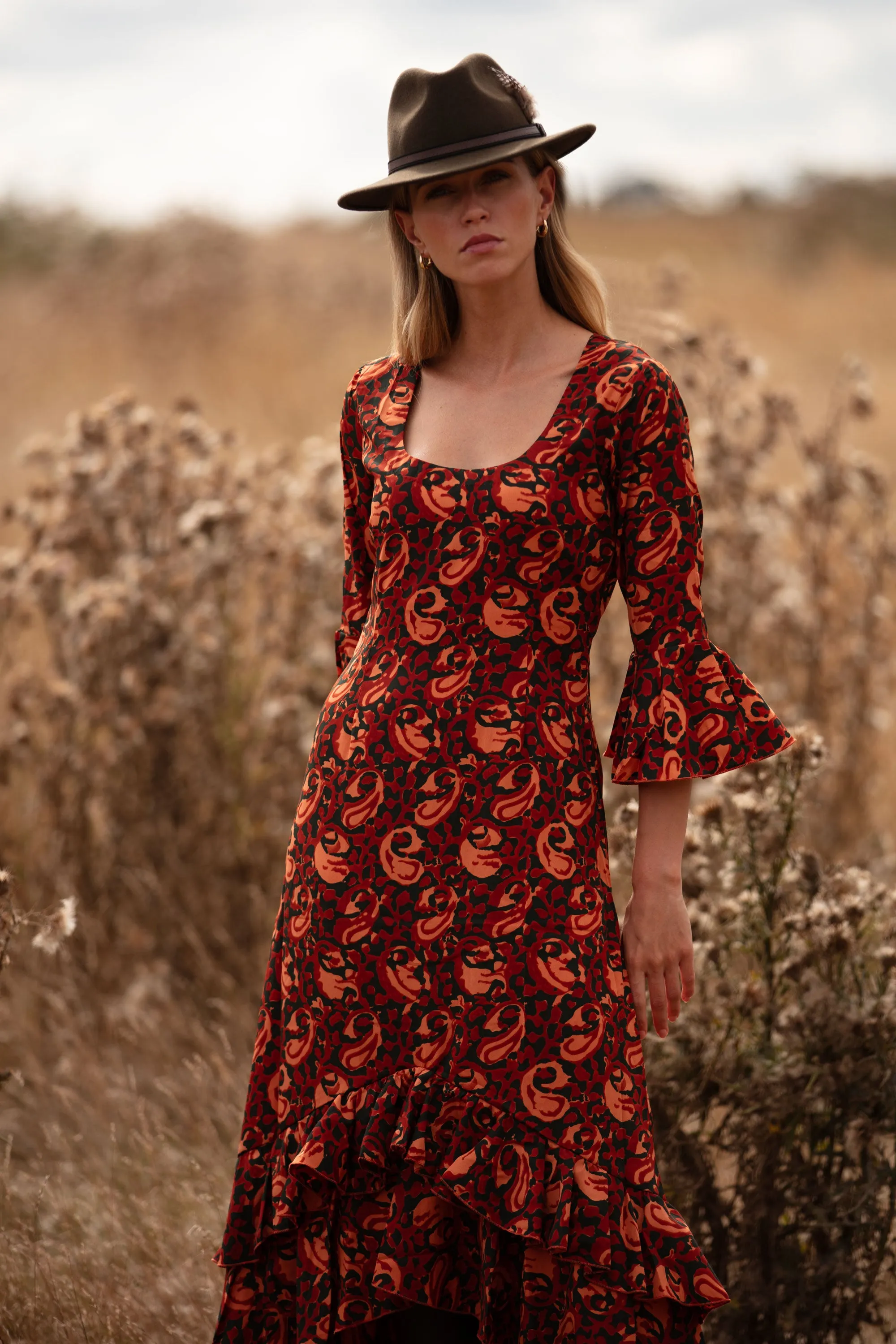 Victoria Midi Dress in Autumn Leaves Swirl