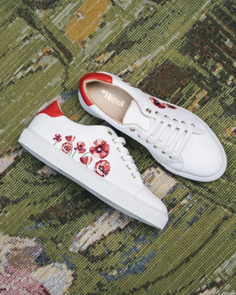 Virevolte Recycled Grain Leather Embroidered Vegan Sneakers | Coquelicot