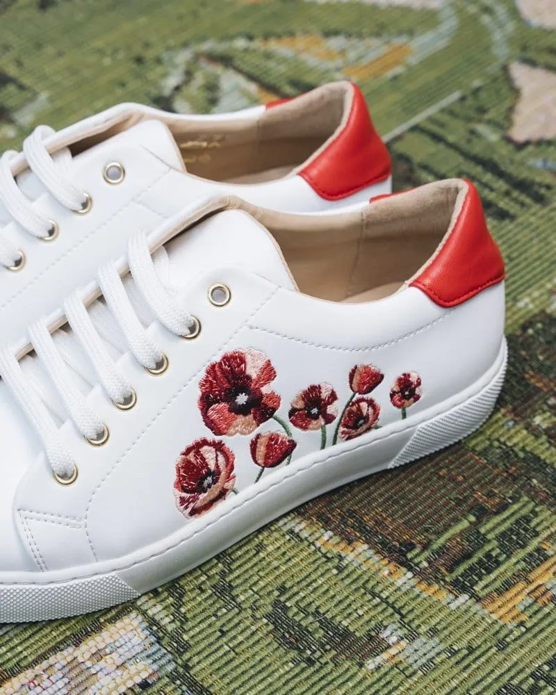 Virevolte Recycled Grain Leather Embroidered Vegan Sneakers | Coquelicot