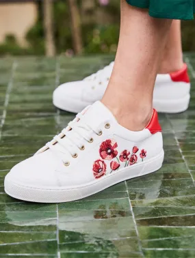 Virevolte Recycled Grain Leather Embroidered Vegan Sneakers | Coquelicot