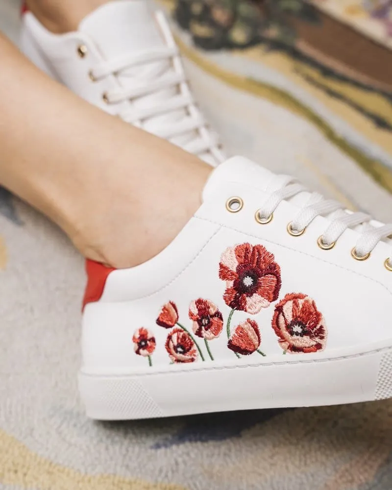 Virevolte Recycled Grain Leather Embroidered Vegan Sneakers | Coquelicot