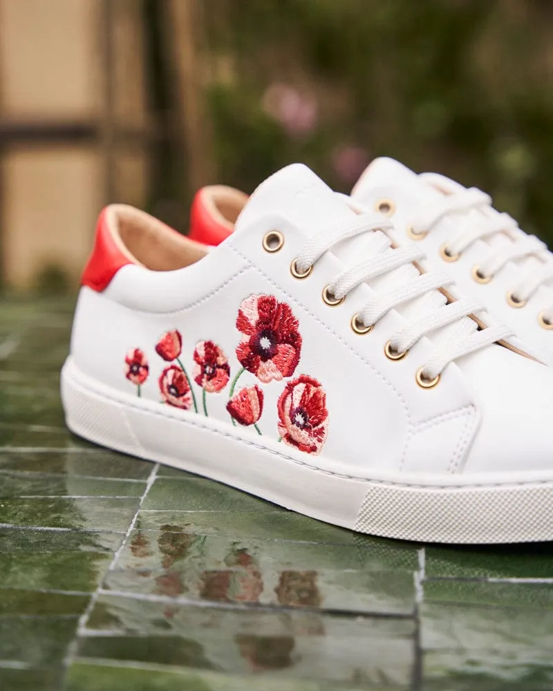 Virevolte Recycled Grain Leather Embroidered Vegan Sneakers | Coquelicot