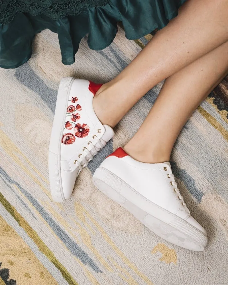 Virevolte Recycled Grain Leather Embroidered Vegan Sneakers | Coquelicot