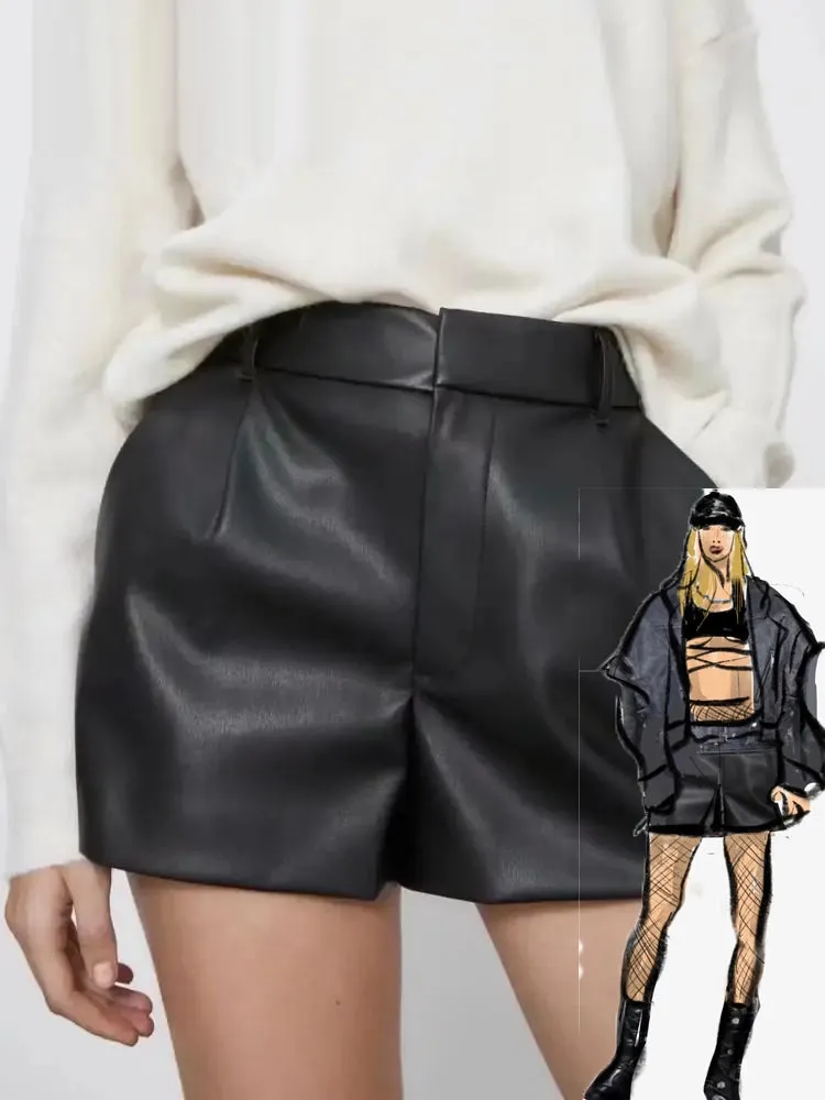 Women Fashion Faux Leather Shorts High Waist Side Pockets Vintage Zipper Fly Female Wide Leg Shorts Streetwear Ropa