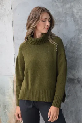 Zealous Khaki Chunky Drop Shoulder Roll Neck Knit