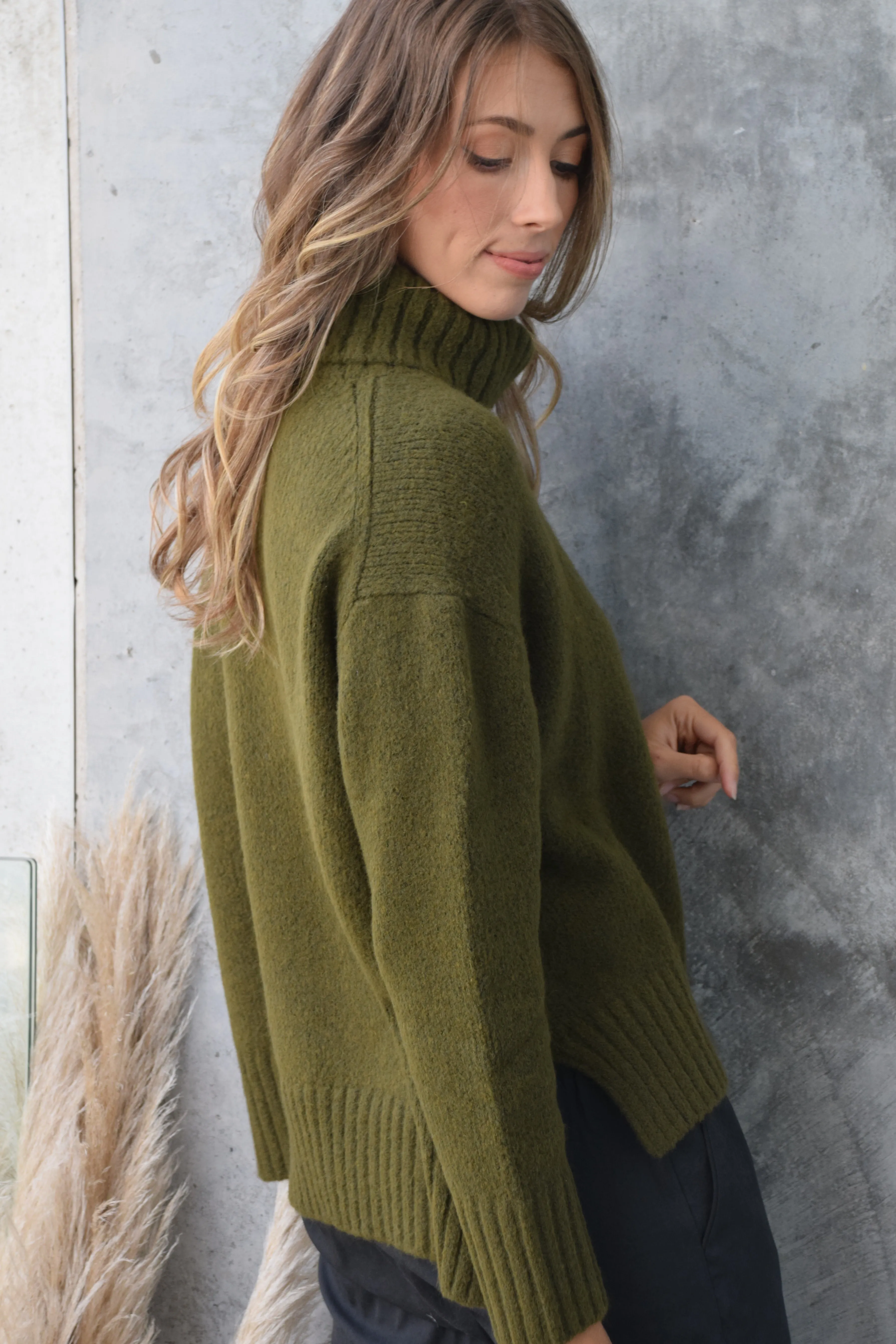 Zealous Khaki Chunky Drop Shoulder Roll Neck Knit