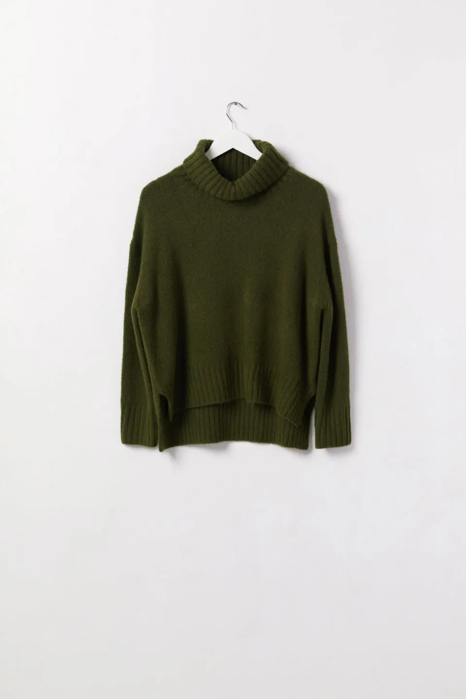 Zealous Khaki Chunky Drop Shoulder Roll Neck Knit