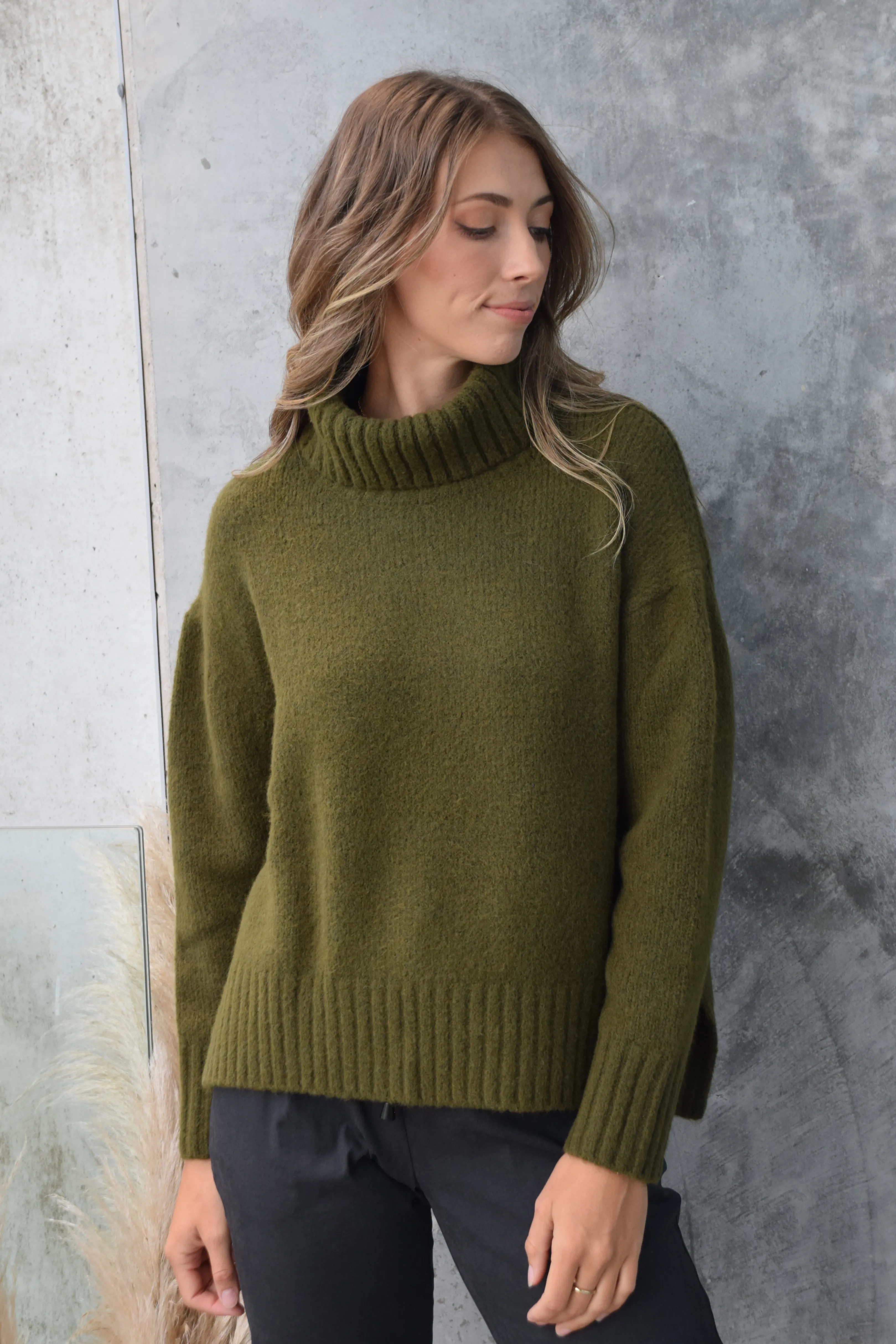 Zealous Khaki Chunky Drop Shoulder Roll Neck Knit